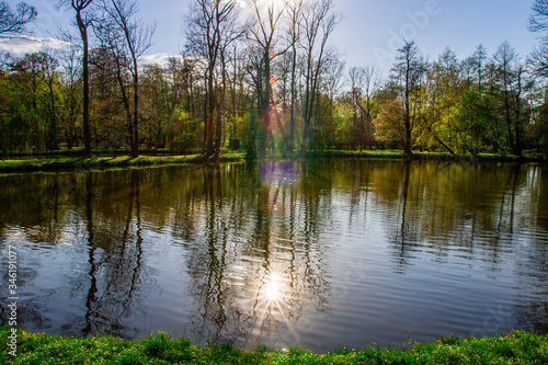 The lake in the park is a reflection of trees and the sun in the lake water.