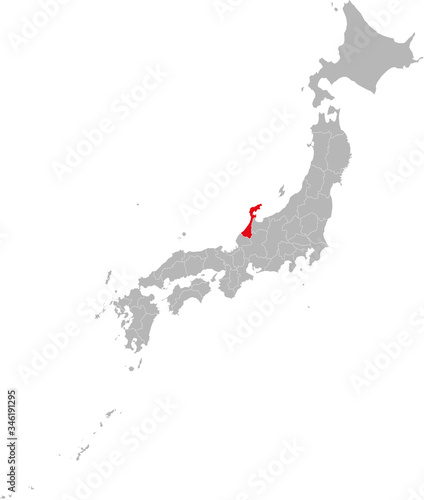 Ishikawa province highlighted red on Japan map. Gray background. Business concepts and backgrounds.