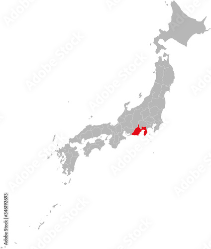 Shizuoka province highlighted red on Japan map. Gray background. Business concepts and backgrounds.