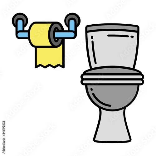 Ceramic Flush Bowl with Tissue Roll on the Wall Vector Color Icon Design, Toilet Repair Plumbing Services,