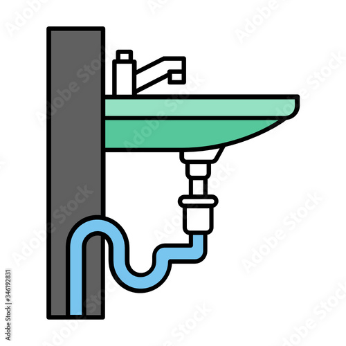 Sink and Faucet Repair Concept. Side View of wash basin and Garbage Disposal Pipeline on White background. Plumber fitting and fixture vector color icon design. 