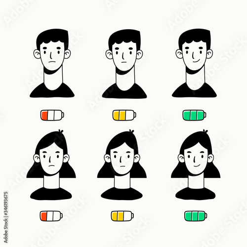 Young people with various states of battery charging. Low and full. Life energy concept. Hand drawn colored Vector illustration. Cartoon style, flat design. All elements are isolated