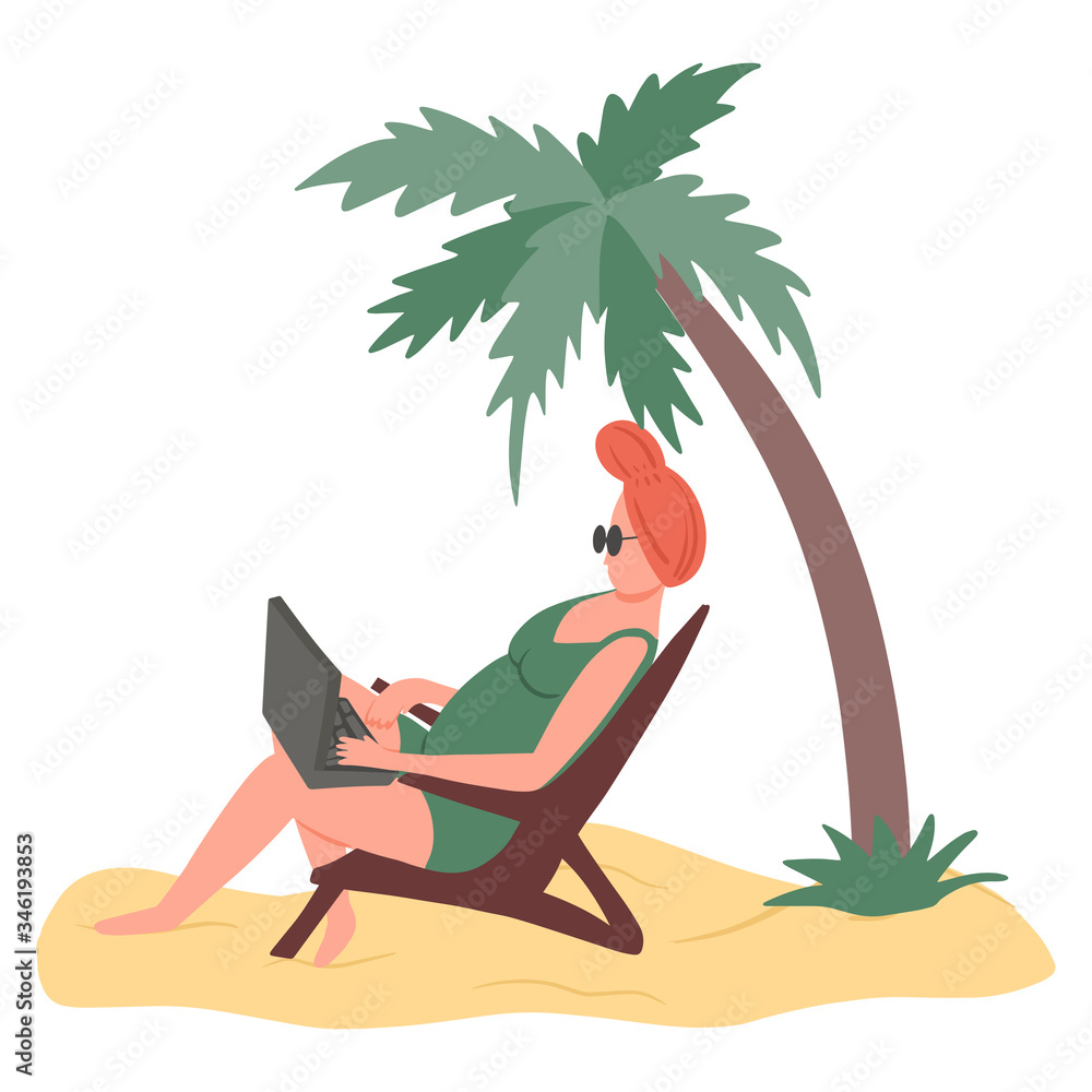 Woman in swimming suit sits in sunbed on the beach and working on laptop vector flat illustration. Woman in swimming suit sits in sunbed on the beach and working on laptop vector flat illustration.