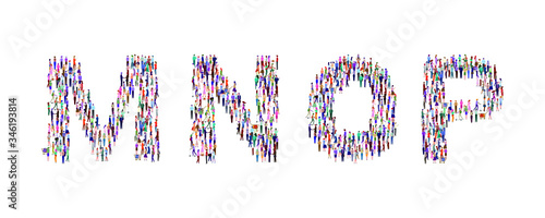 A large group of people standing in the shape of the alphabet. High angle view or top view image. Vector illustration. Isolated, white background.