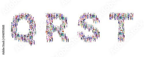 A large group of people standing in the shape of the alphabet. High angle view or top view image. Vector illustration. Isolated, white background.