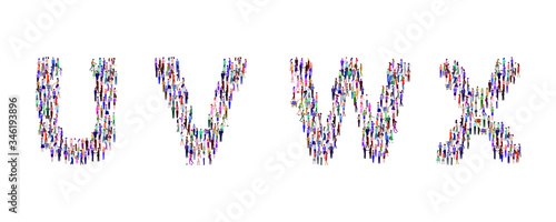 A large group of people standing in the shape of the alphabet. High angle view or top view image. Vector illustration. Isolated, white background.
