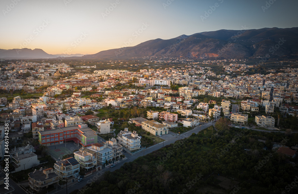 Sunset view of Kalamata City  at Sunset. Kalamata, Messinia, Peloponnese, Greece.