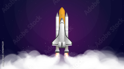 Fototapeta Naklejka Na Ścianę i Meble -  Space trip. Purple banner on the theme of space flight. Space shuttle. Fighter. Rocket Carrier is taking off. Vector.