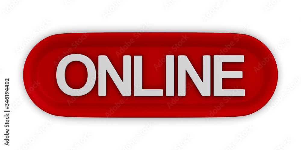 red button with text online on white background. Isolated 3d illustration red button with text online on white background. Isolated 3d illustration