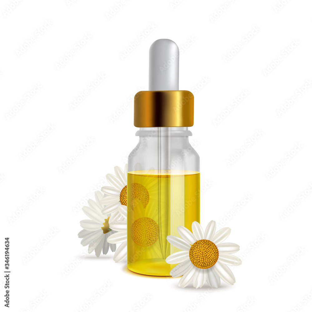 Chamomile Oil Bottle with Flowers in Realistic Style Chamomile Oil Bottle with Flowers in Realistic Style