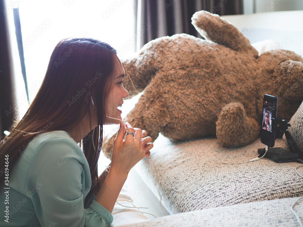 Happy women video call and studying online, concept of work from home and business working on home, social distancing. Happy women video call and studying online, concept of work from home and business working on home, social distancing.