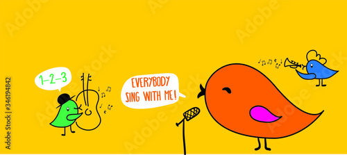 Birds singing songs and playing music 