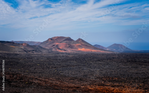 Amazing volcanic landscape of Lanzarote island, Timanfaya national park, Spain. October 2019