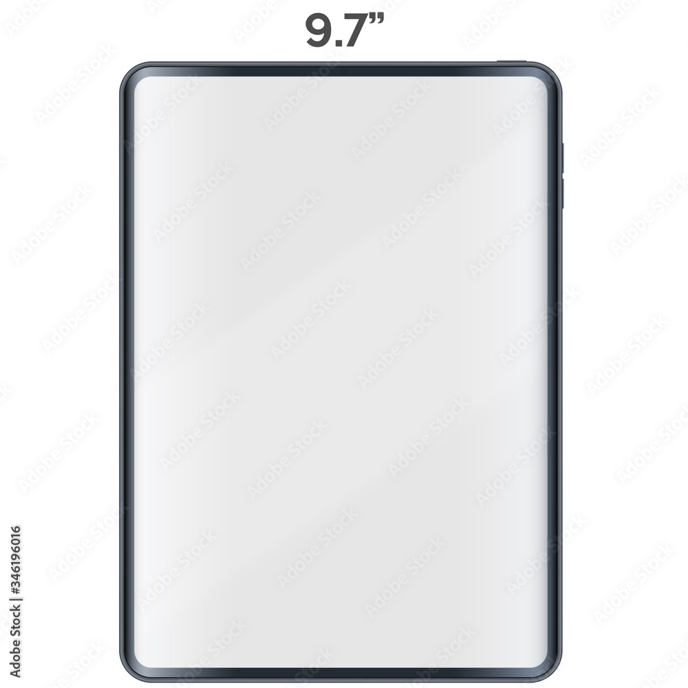 Tablet PC layout presentation mockup. Example frameless 9.7 model Tab with touchscreen. Project application mockup. Vector Illustration isolated on white background