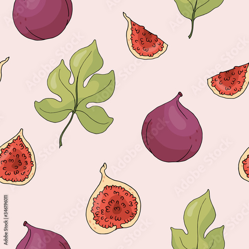 Seamless pattern with figs and leaves. Vector illustration.