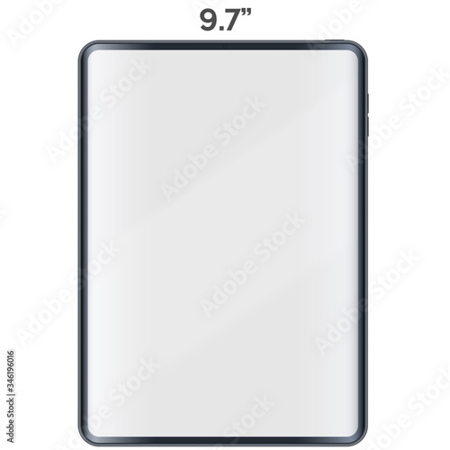 Tablet PC layout presentation mockup. Example frameless 9.7 model Tab with touchscreen. Project application mockup. Vector Illustration isolated on white background