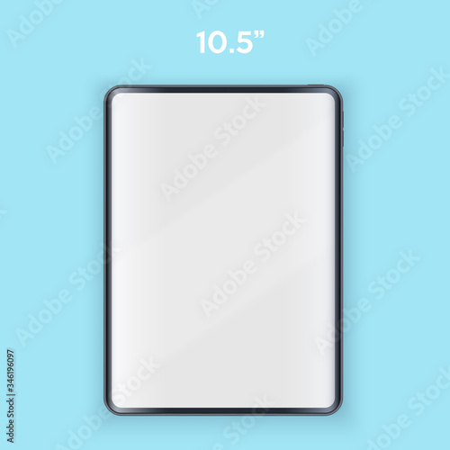 Tablet PC layout presentation mockup. Example frameless 10.5 model Tab with touchscreen. Project application mockup. Vector Illustration
