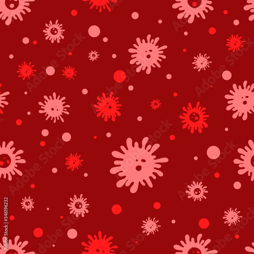Different Kinds of Corona Viruses. Bacteria Biology Organisms Seamless Pattern. Virus Infection Coronavirus Epidemic Sick. Medical Genetics Bacteriological Microorganism. Flat Vector red Illustration