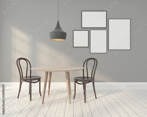 Minimal room with table and chair, hanging lamp, gray wall and picture frame. 3D rendering © Phongphan