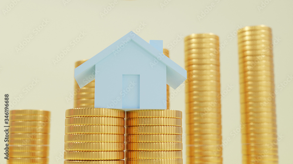 Business loans for real estate concept, a house with dollar coins.saving money and. work from home to avoid viruses corona virus COVID-19. 3d rendering. Business loans for real estate concept, a house with dollar coins.saving money and. work from home to avoid viruses corona virus COVID-19. 3d rendering.