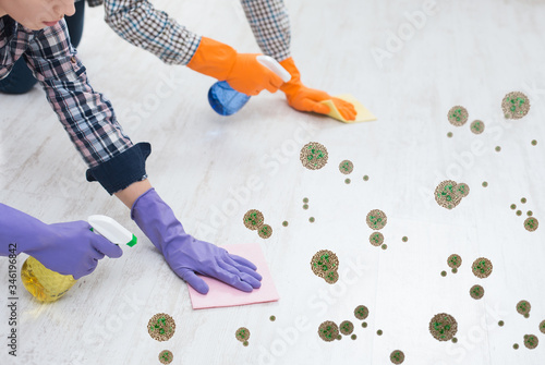 Cleanup against infection. Unrecognizable people in rubber gloves washing floor, collage with germs and microbes