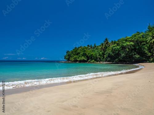 Tropical beachin Musu, next to Vanimo city, surf spot, surf beach, full of palmtrees and jungle, West Sepik, Papua New Guinea