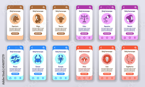 Daily horoscope on mobile app onboarding screens. Astrology. Predictions and human character. Banners for website on red background and mobile kit development. UI UX GUI template.