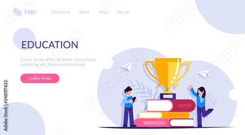 Concept of learning. People received a cup award for studying books. Modern flat vector illustration.