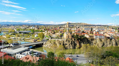 TBILISI, GEORGIA APRIL 19, 2020: Beautiful aerial view of the old part of city in Tbilisi, Georgia