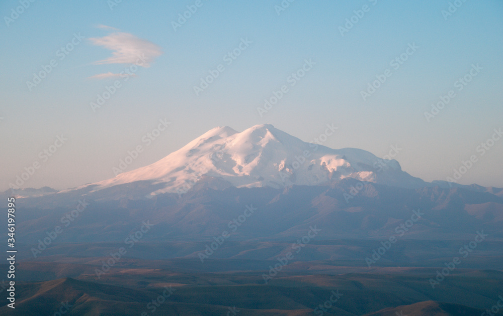 Mount Elbrus, Karachay Cherkess Republic, Russian nature, plateau. The highest mountain in Europe. National Park, mountain in the snow. Dormant volcano.