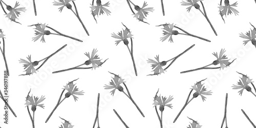 Seamless floral pattern made of clove pink  carnations.  Black and white hand drawn background.. Good for textile  paper and card design.  