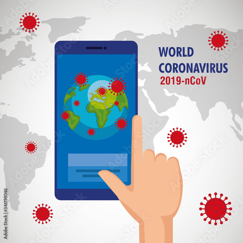 hand human using smartphone with earth planet of covid19 vector illustration design