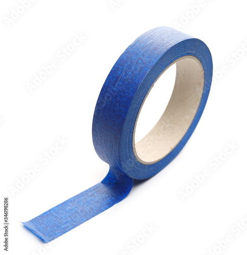 Blue paper duct, repair tape roll isolated on white background