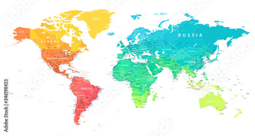 Fototapeta Naklejka Na Ścianę i Meble -  World Map Color Bright Political - Vector Detailed Illustration
