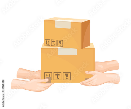 Hands Handing Over Parcel in Cardboard Boxes Vector Illustration
