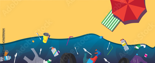 Polluted sea and clean beach background flat design stock vector illustration, banner, copy space