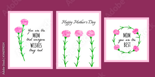 Mothers day card bundle with pink carnation flowers and greeting text. Bouquet and floral round wreath for holiday background. Botanical illustration. Vector