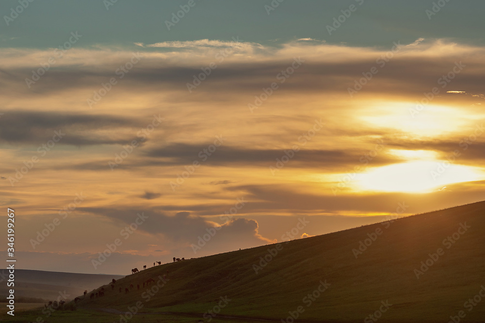 Beautiful landscape, setting sun through the clouds and beautiful landscape with horses climbing a hill