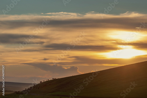 Beautiful landscape, setting sun through the clouds and beautiful landscape with horses climbing a hill