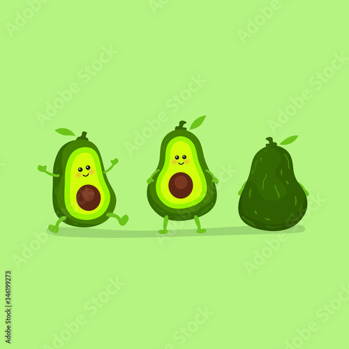 Funny Avocado fruit whole and half.
