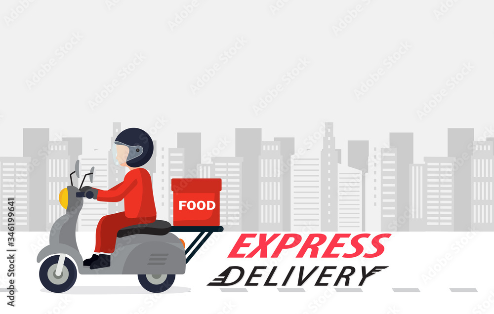 Order delivery online. Shipment tracking system mobile delivery man motorcycle fast shipping urban landscape.