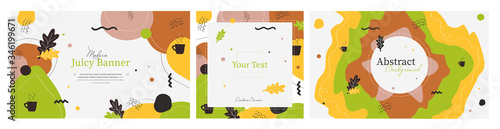 Collection of three juicy abstract banners with place for text. Hand made doodle colorful geometric vector backgrounds perfect for web and application design, banners, posters, advertising & more