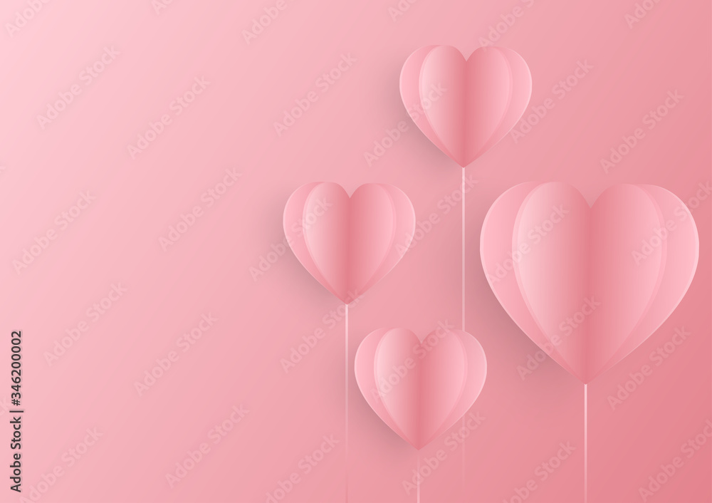 Paper elements in shape of pink heart flying on pink background. Vector symbols of love for happy women's, mother's, valentine's, greeting card design.