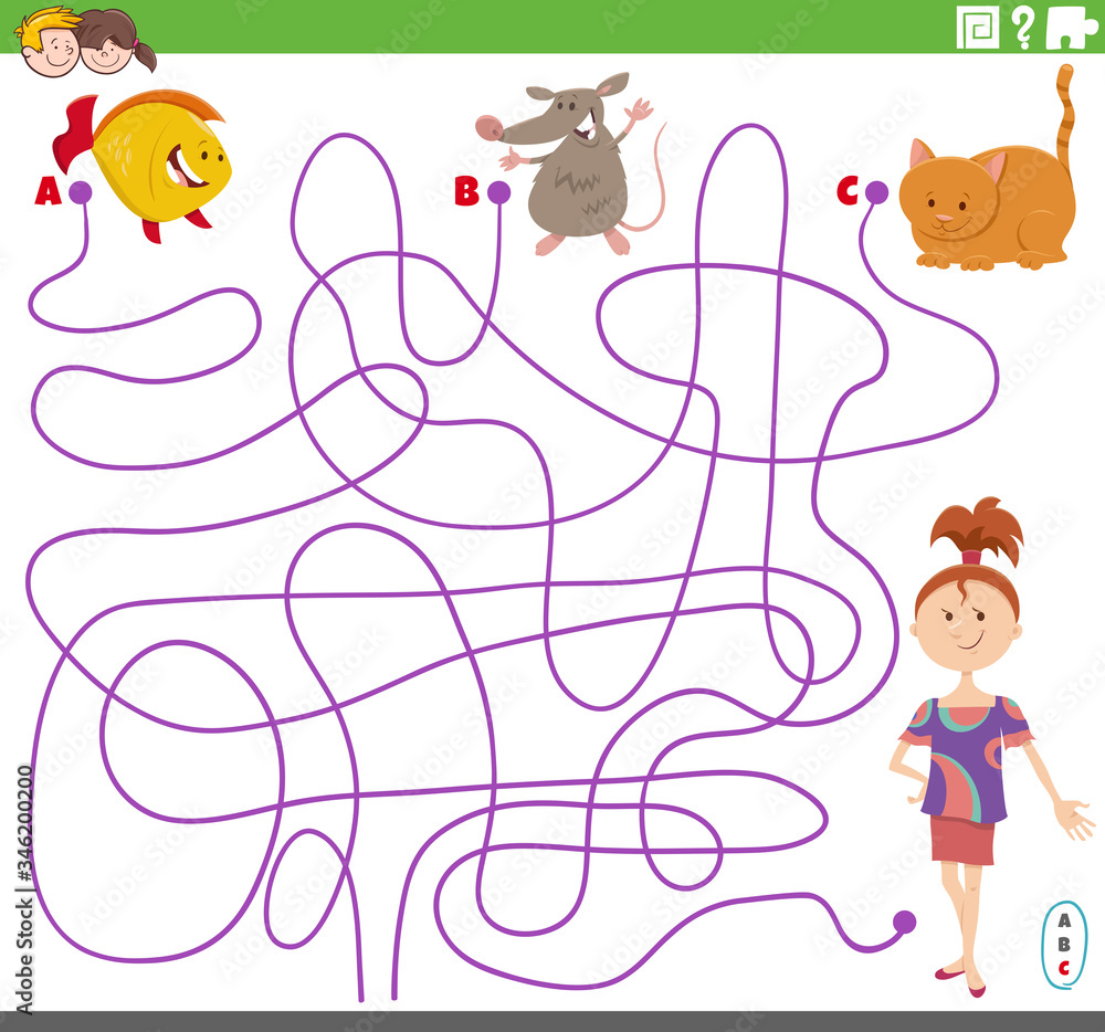 Naklejka premium line maze task with girl and pet characters