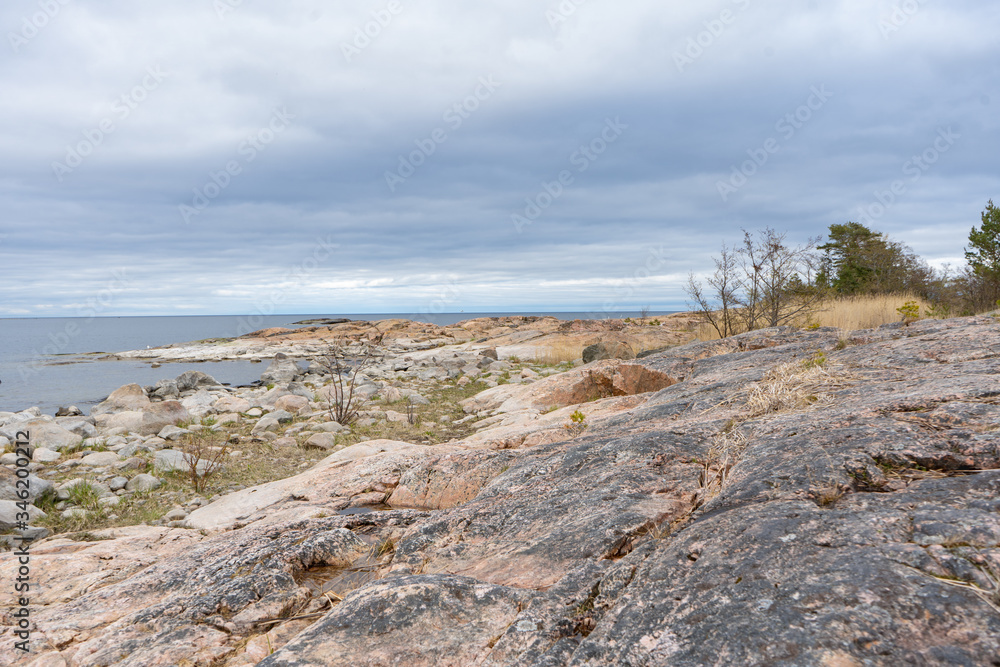 Rocky shore of the Baltic Sea (Ostersjon). Photo of Scandinavian nature. Swedish coast.
