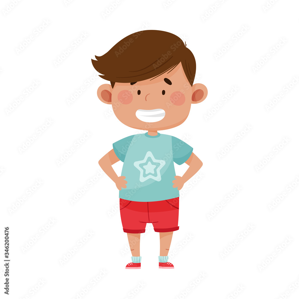 Dark Haired Boy Wearing Red Shorts Showing Happy Expression on His Face Vector Illustration