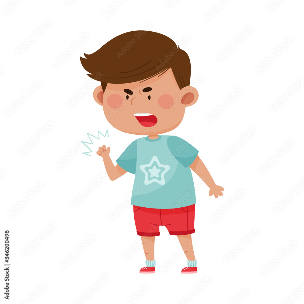 Dark Haired Boy in Red Shorts Showing Fierce Expression on His Face Vector Illustration