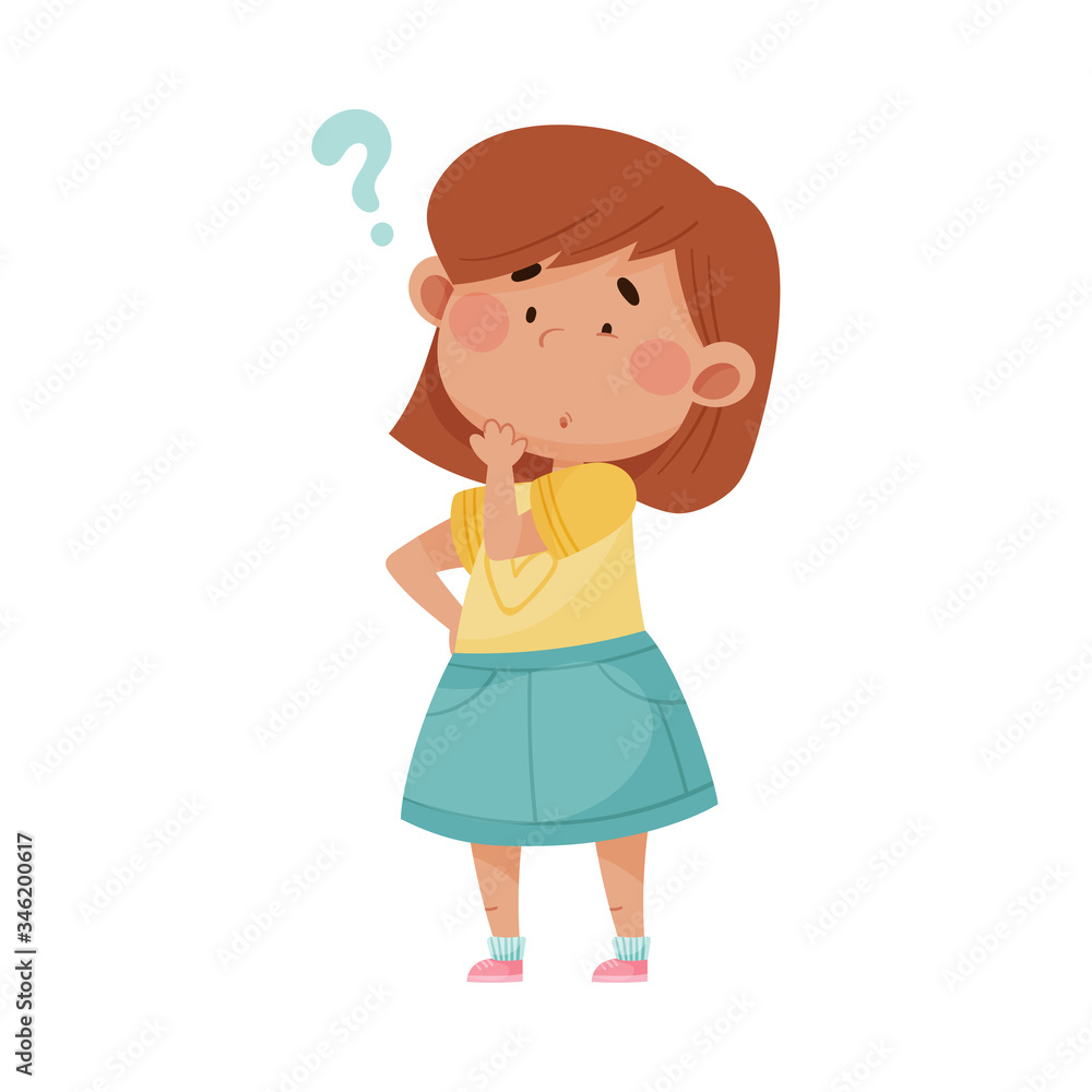 Girl Wearing Blue Skirt Touching Her Chin Showing Puzzled Expression on Her Face Vector Illustration