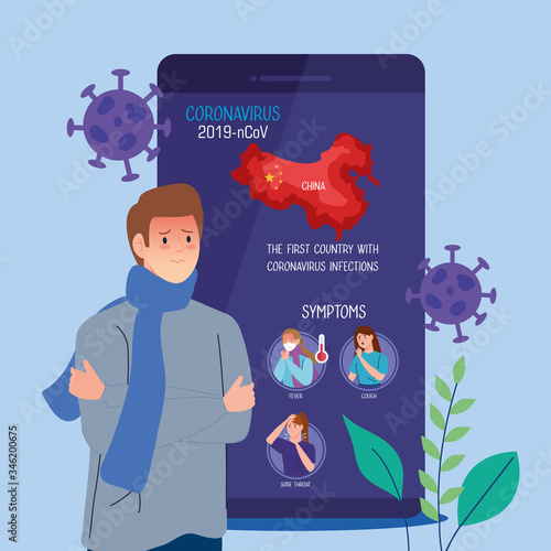 man sick in smartphone with covid19 particles vector illustration design