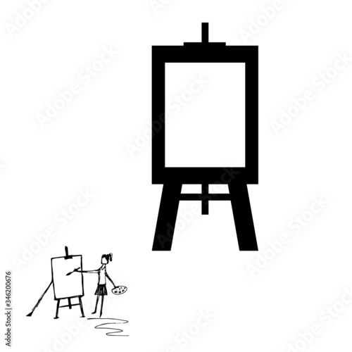 Girl artist paints with a brush on an easel. Icon, easel sign. Vector illustration.